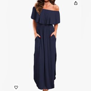 Large off the shoulder navy blue cotton dress, floor length with slit.